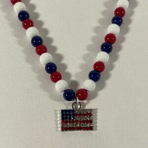 American Flag Red/Clear/Blue Rhinestones Red/White/Blue Glass Bead Necklace NWT